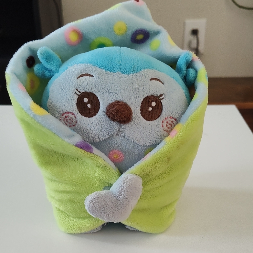 Cute Blue Plush Toy with Green Blanket